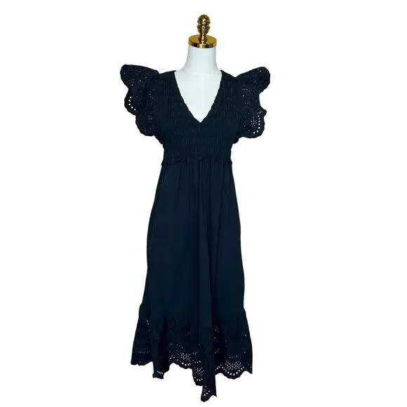 Rails Black Eyelet Midi Dress SMALL Smocked Cottage Ruffle Cotton Designer $268 - Picture 7 of 11